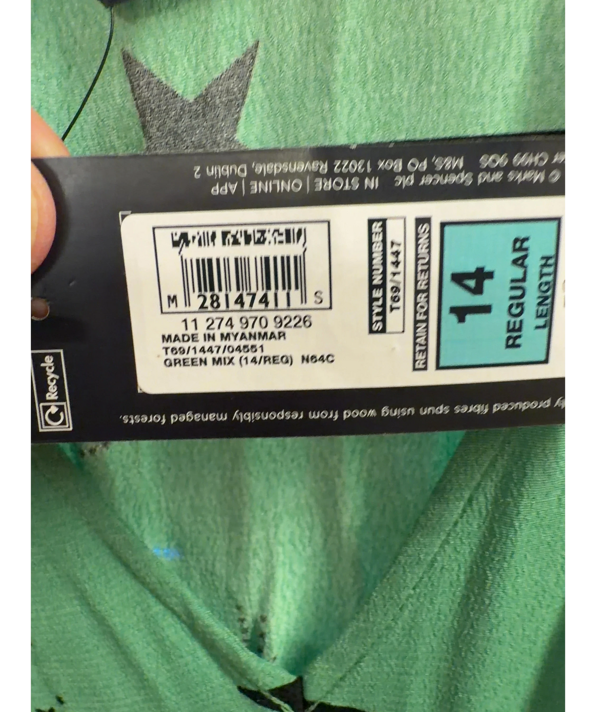 M&S Green Star Print V-Neck Midi Tea Dress, size UK 14 — label