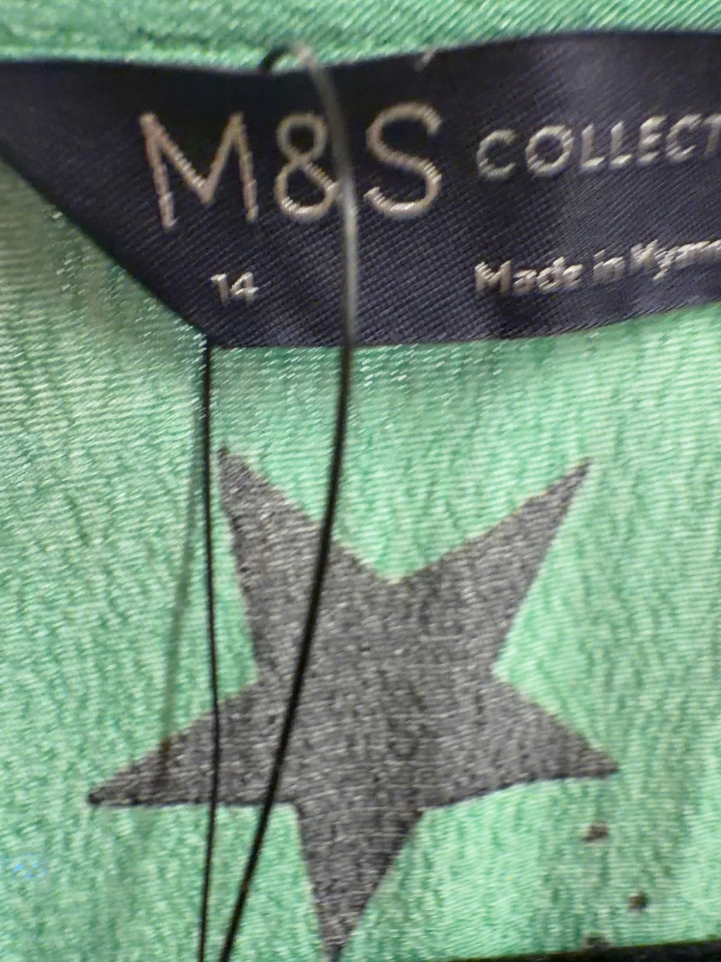 M&S Green Star Print V-Neck Midi Tea Dress, size UK 14 — care label