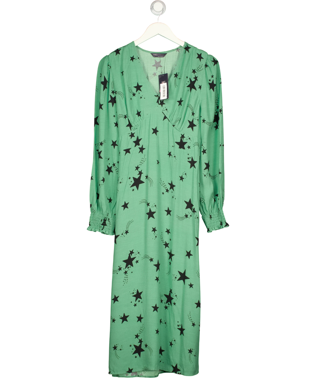 M&S Green Star Print V-Neck Midi Tea Dress, size UK 14 — front