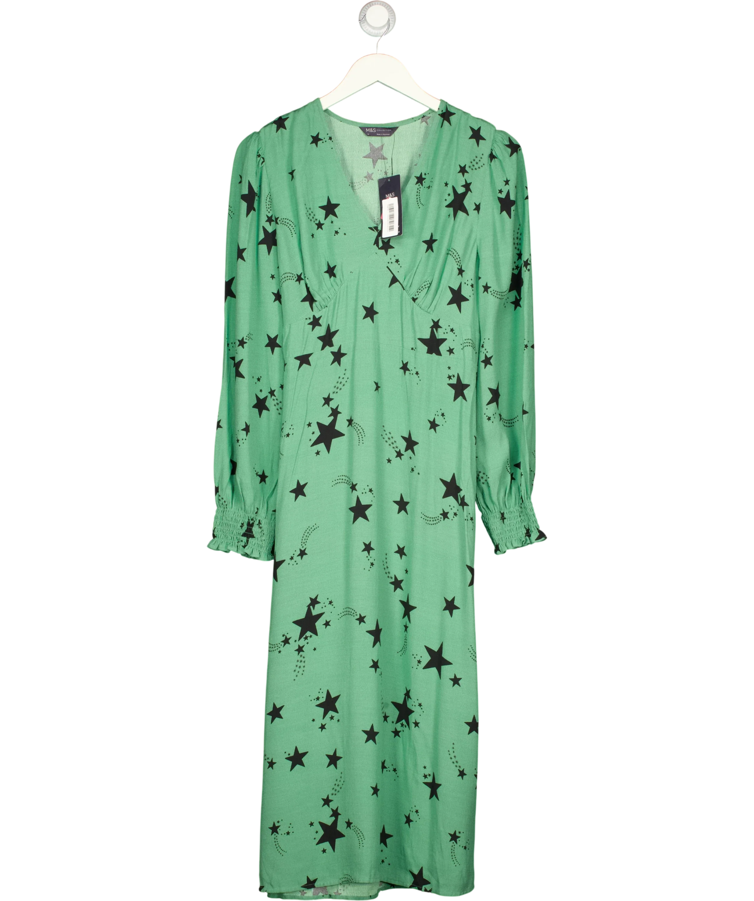 M&S Green Star Print V-Neck Midi Tea Dress, size UK 14 — front