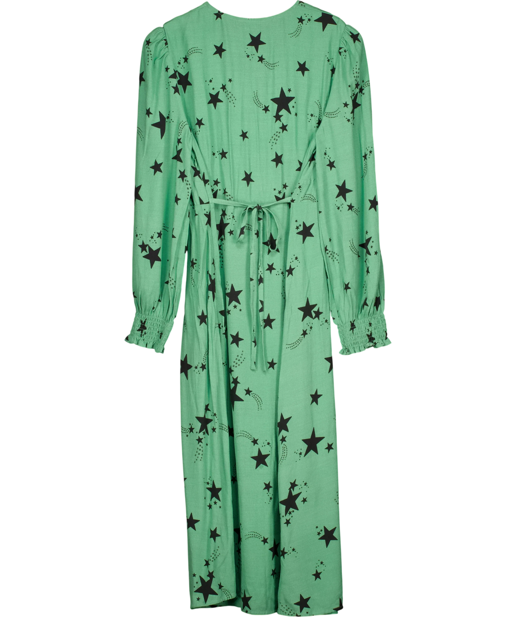 M&S Green Star Print V-Neck Midi Tea Dress, size UK 14 — back