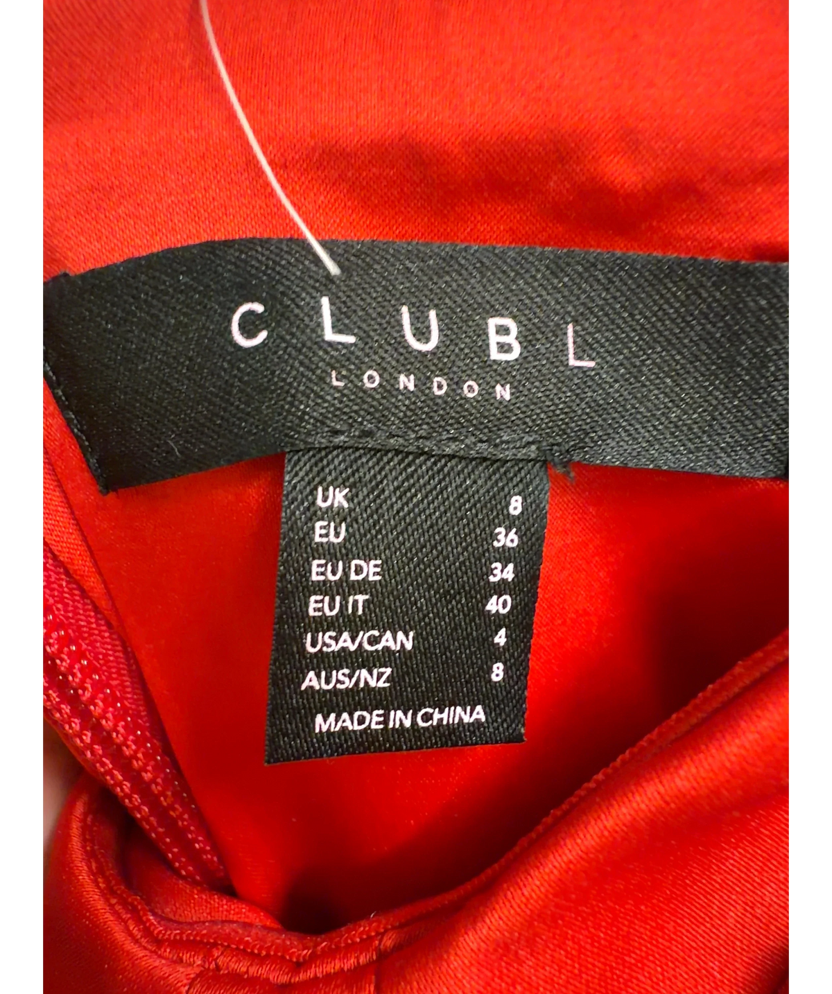 Club L Red Colour, size UK 8 — care label