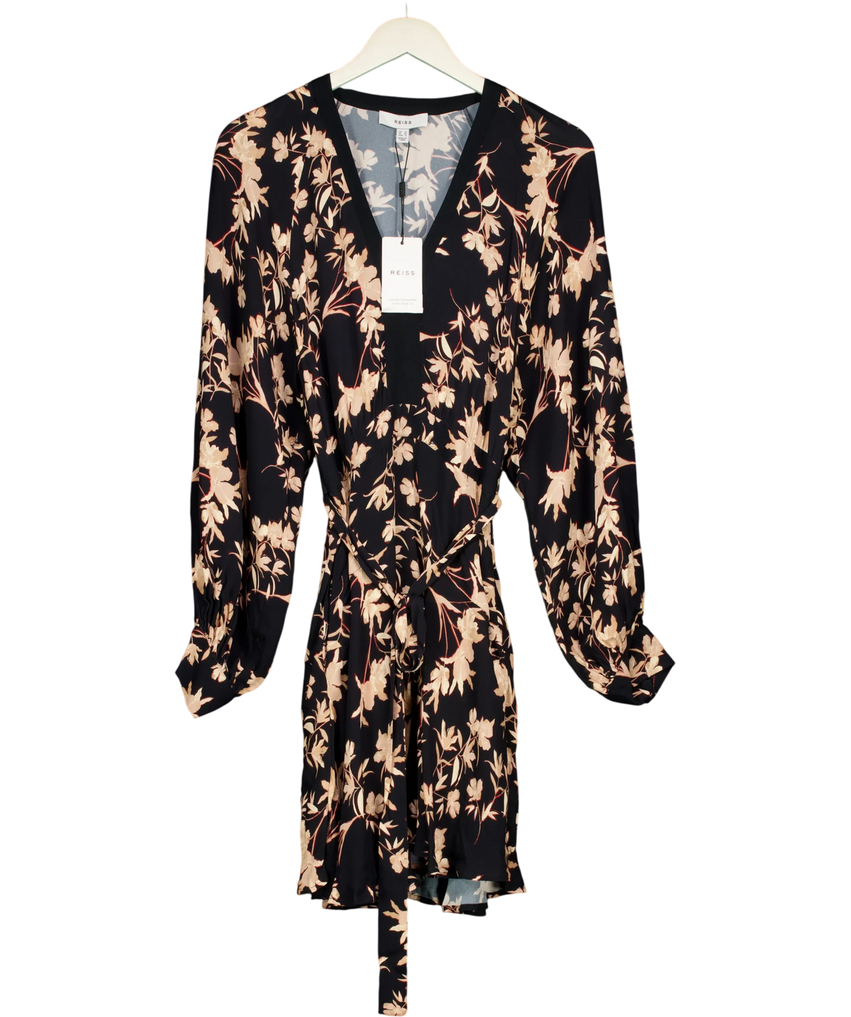 REISS Black Kerina Floral Flippy Dress, size UK 10 — front