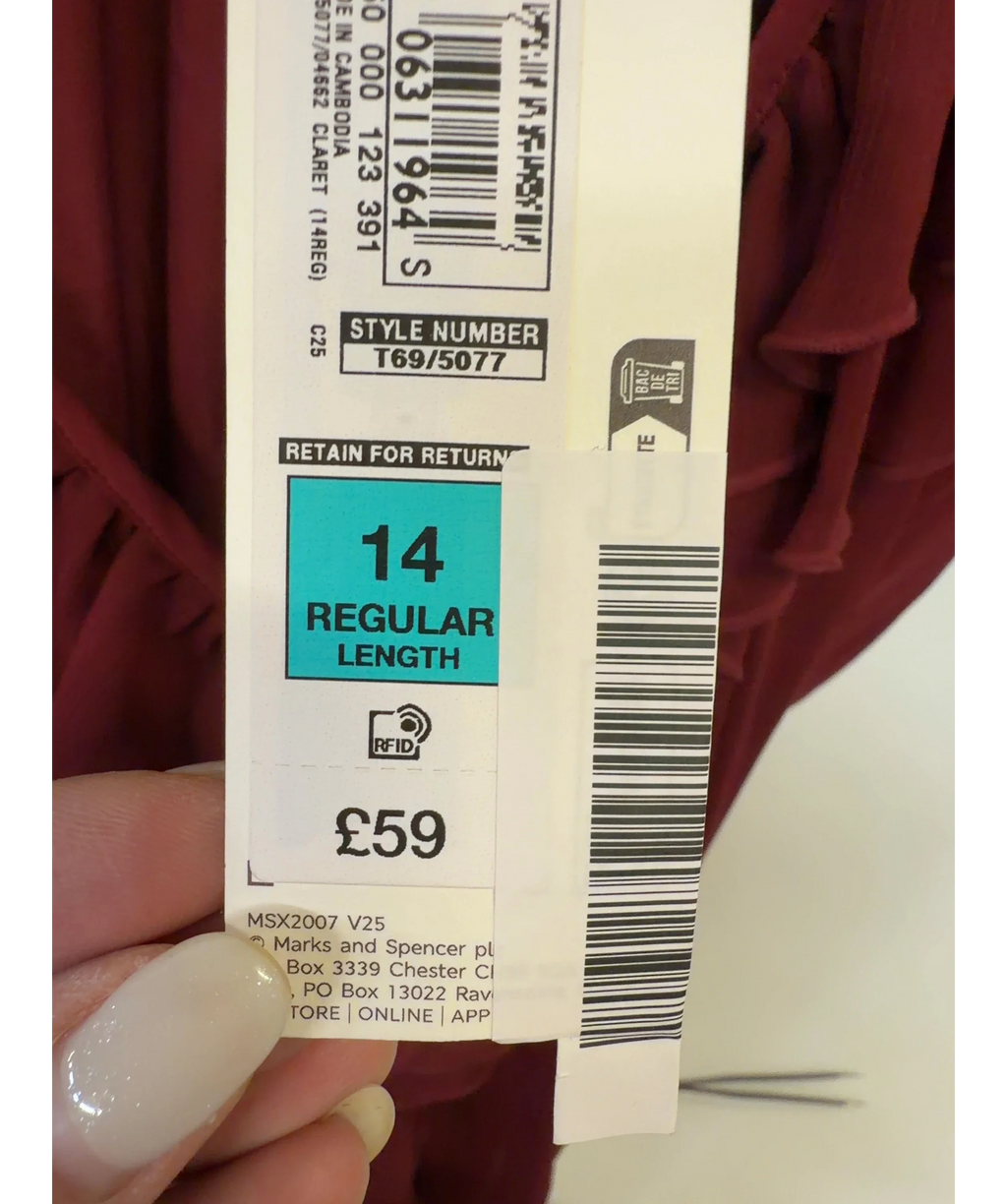 M&S Red V-Neck Frill Detail Midaxi Smock Dress, size UK 14 — care label