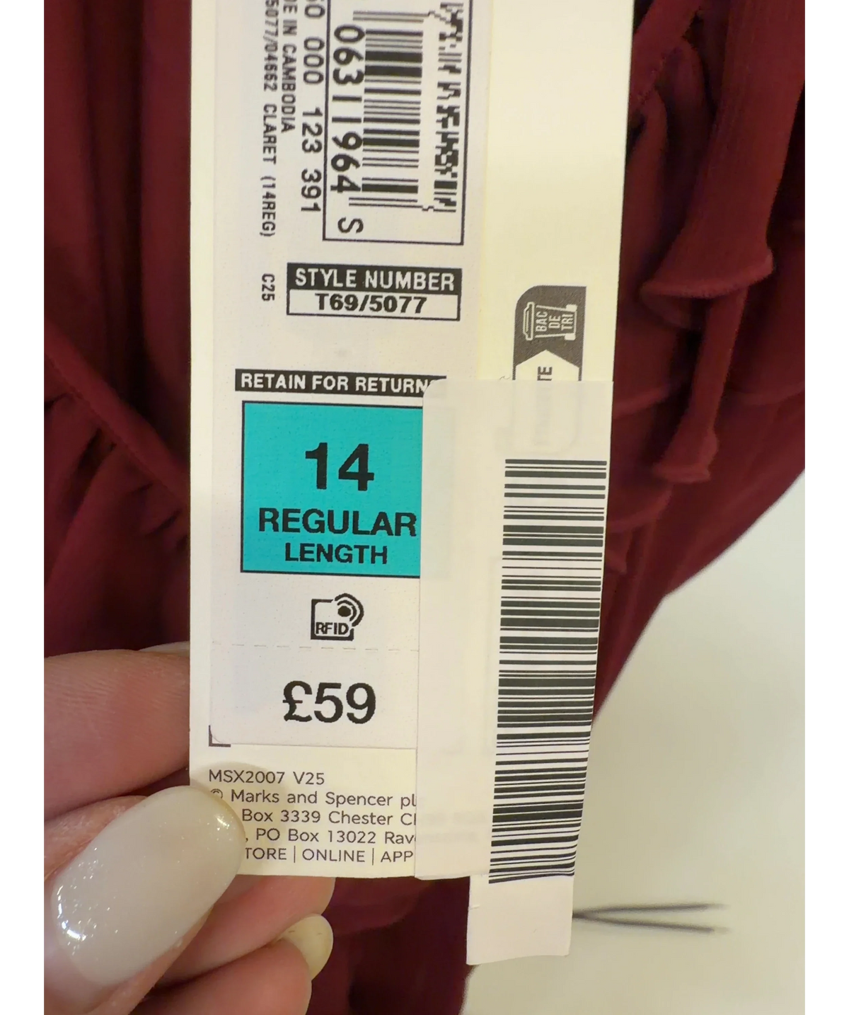 M&S Red V-Neck Frill Detail Midaxi Smock Dress, size UK 14 — care label