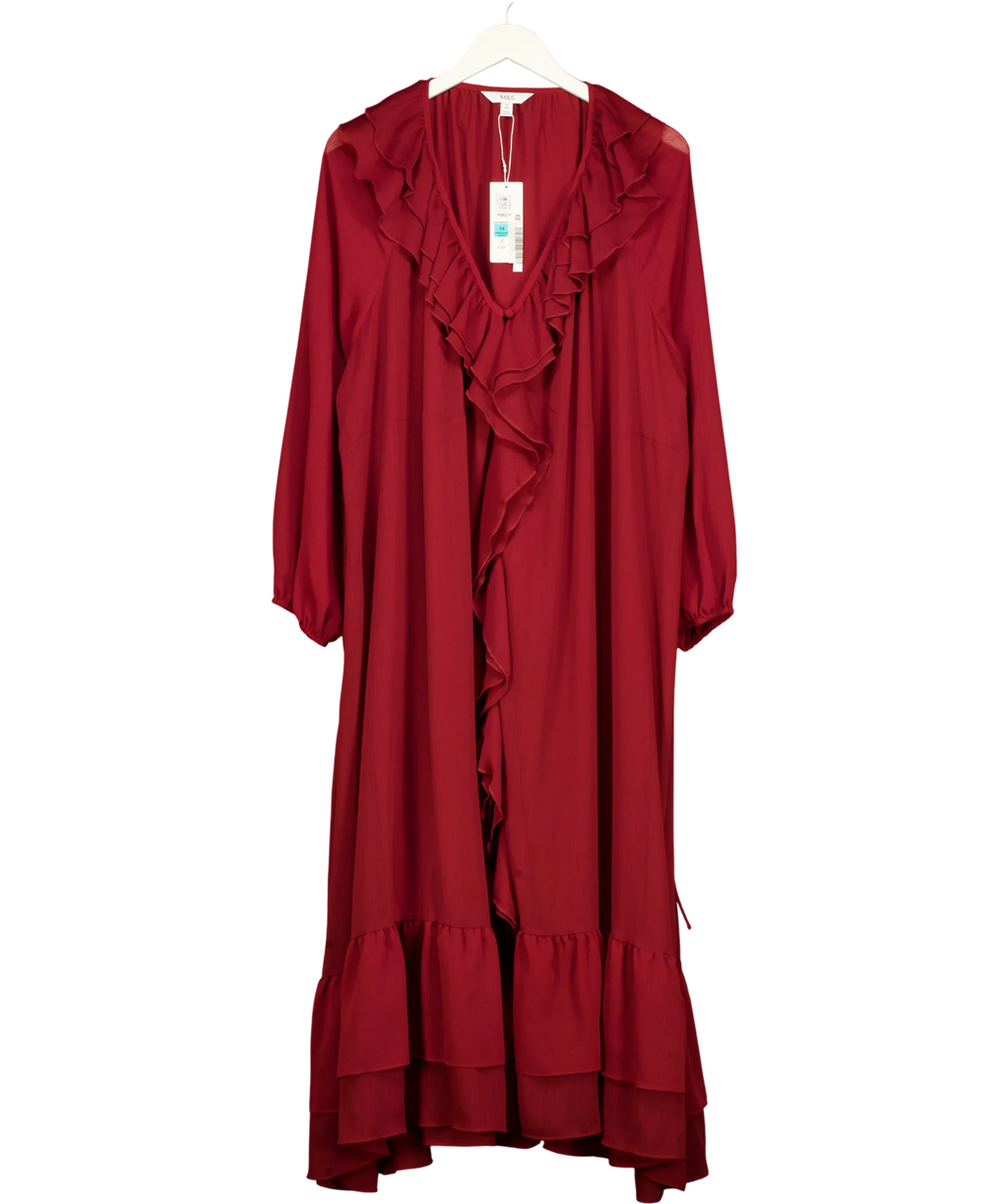 M&S Red V-Neck Frill Detail Midaxi Smock Dress, size UK 14 — front