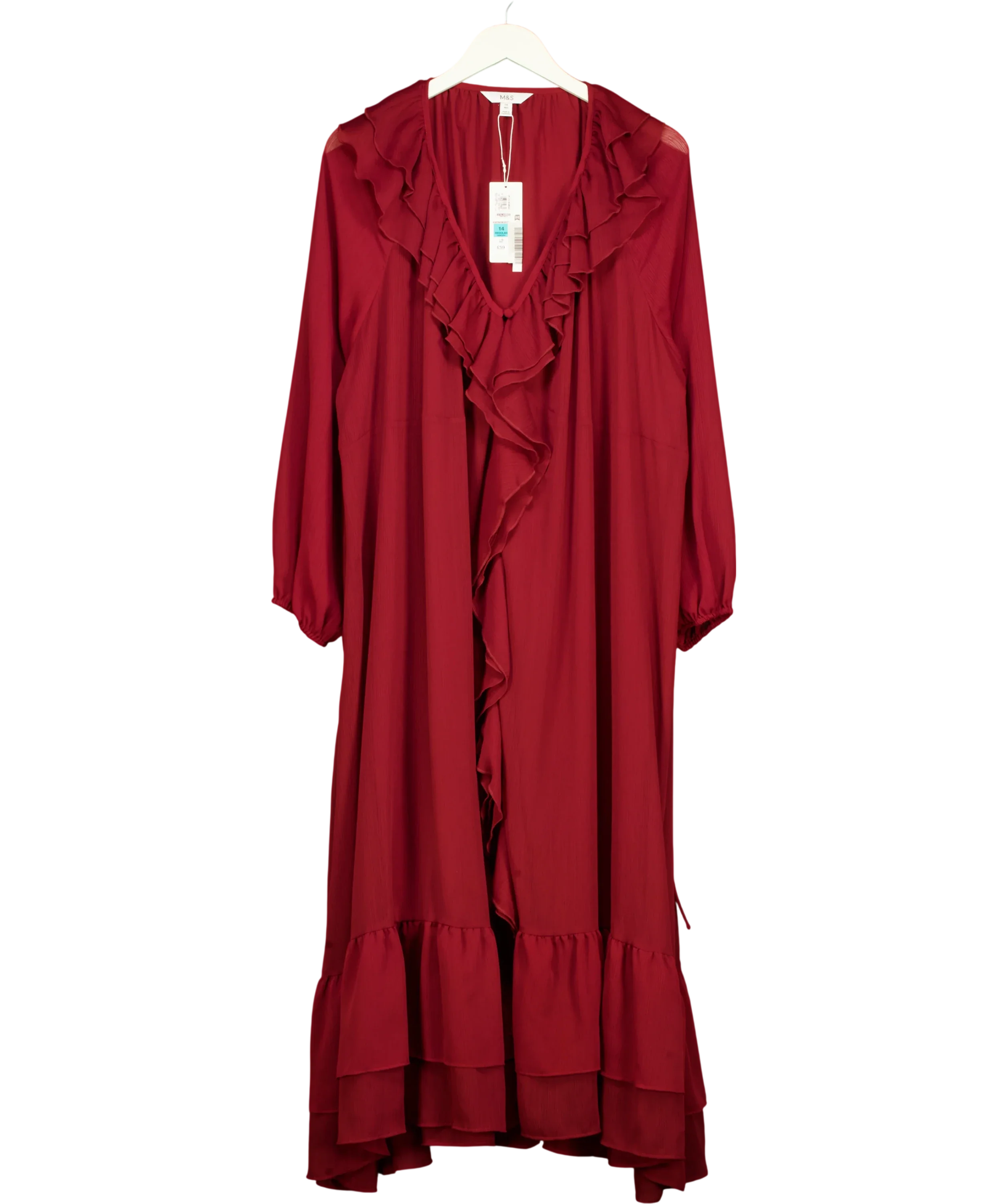M&S Red V-Neck Frill Detail Midaxi Smock Dress, size UK 14 — front