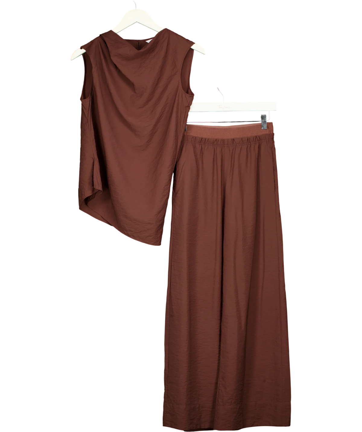 Fabrique Brown Phoebe French Cowl Sleeveless Top and Wide Leg Pant, size UK XS/S — front