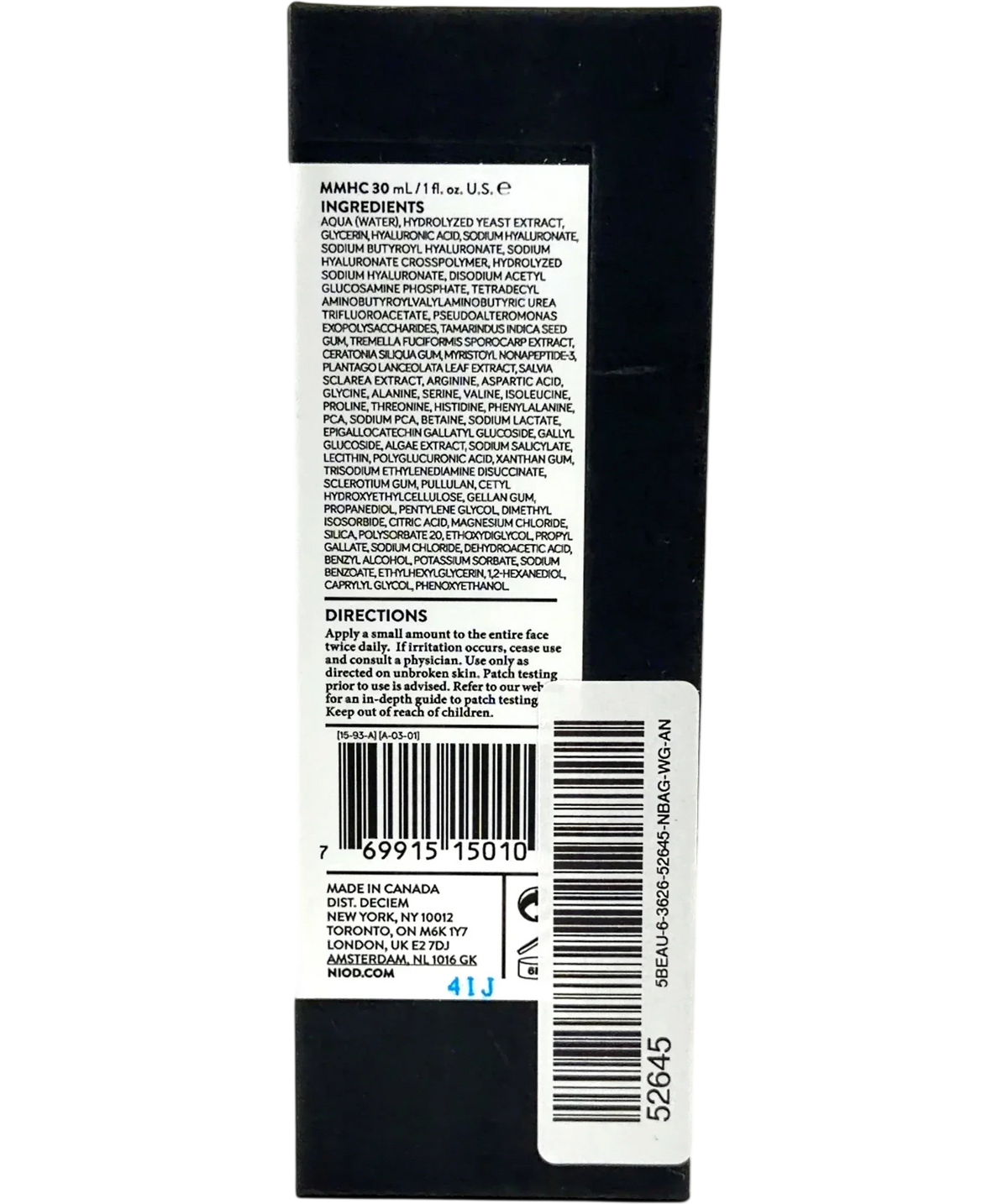 NIOD MULTI-MOLECULAR HYALURONIC COMPLEX, size 30ml — back