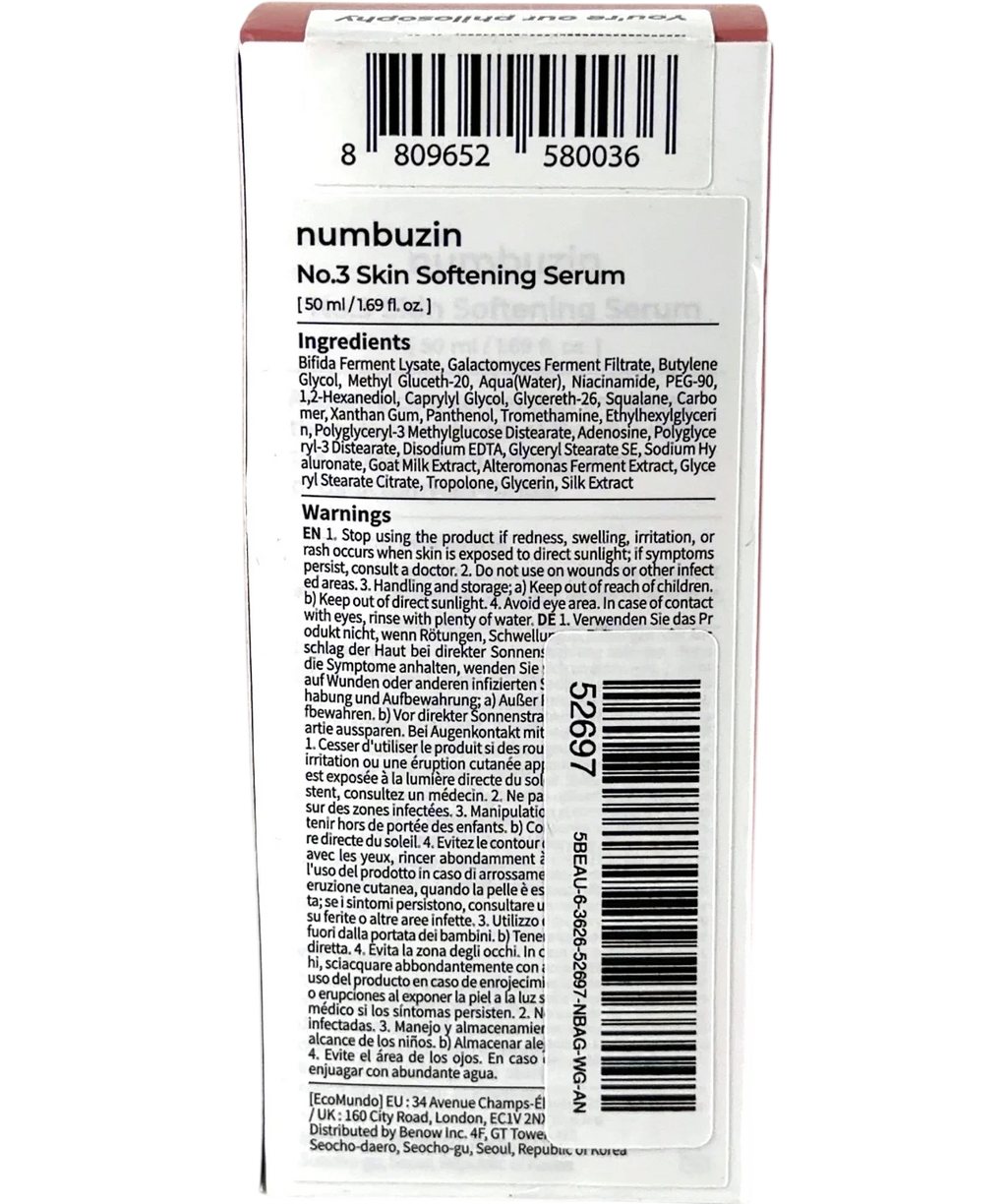 numbuzin No.3 Skin Softening Serum, size 50ml — back