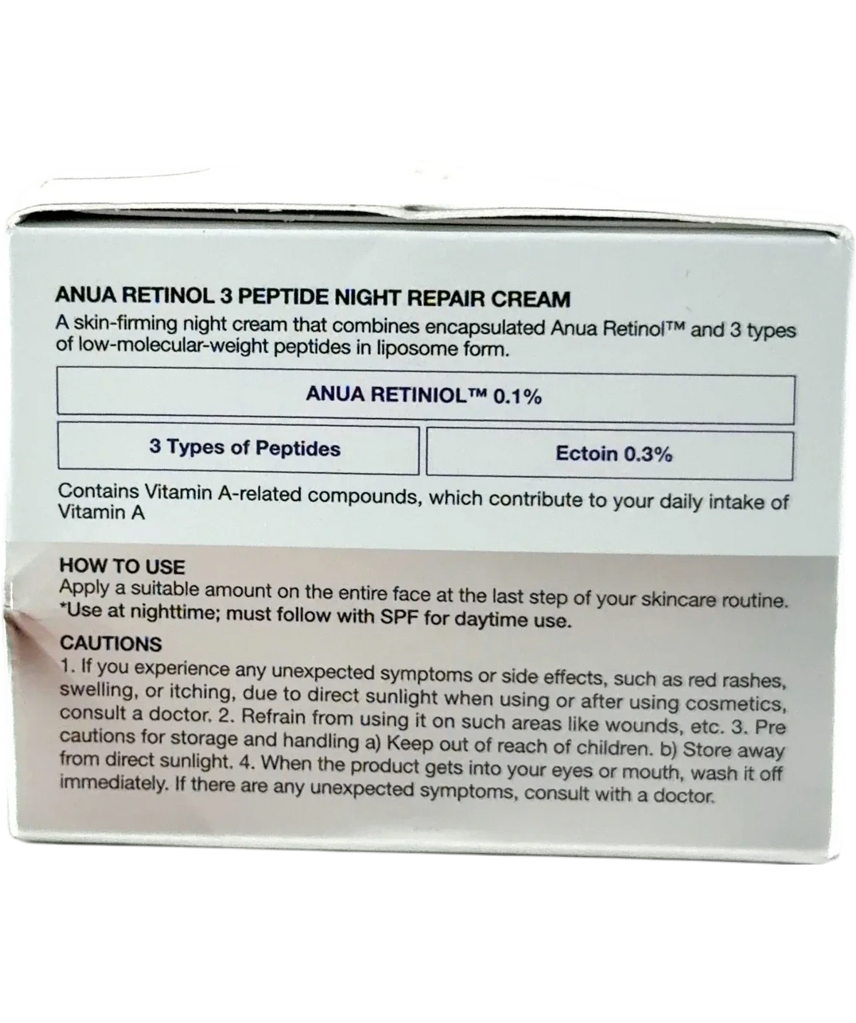 anua Retinol 3 Peptide Night Repair Cream, size 50g — back
