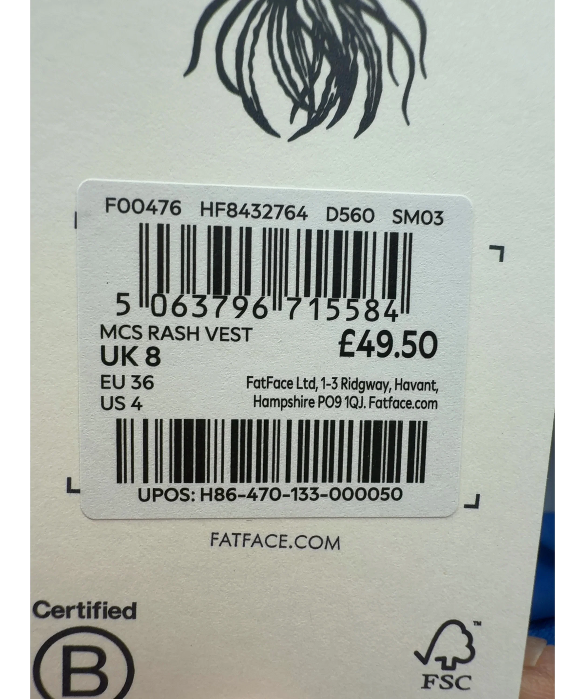 FATFACE Blue Colour, size UK 8 — care label