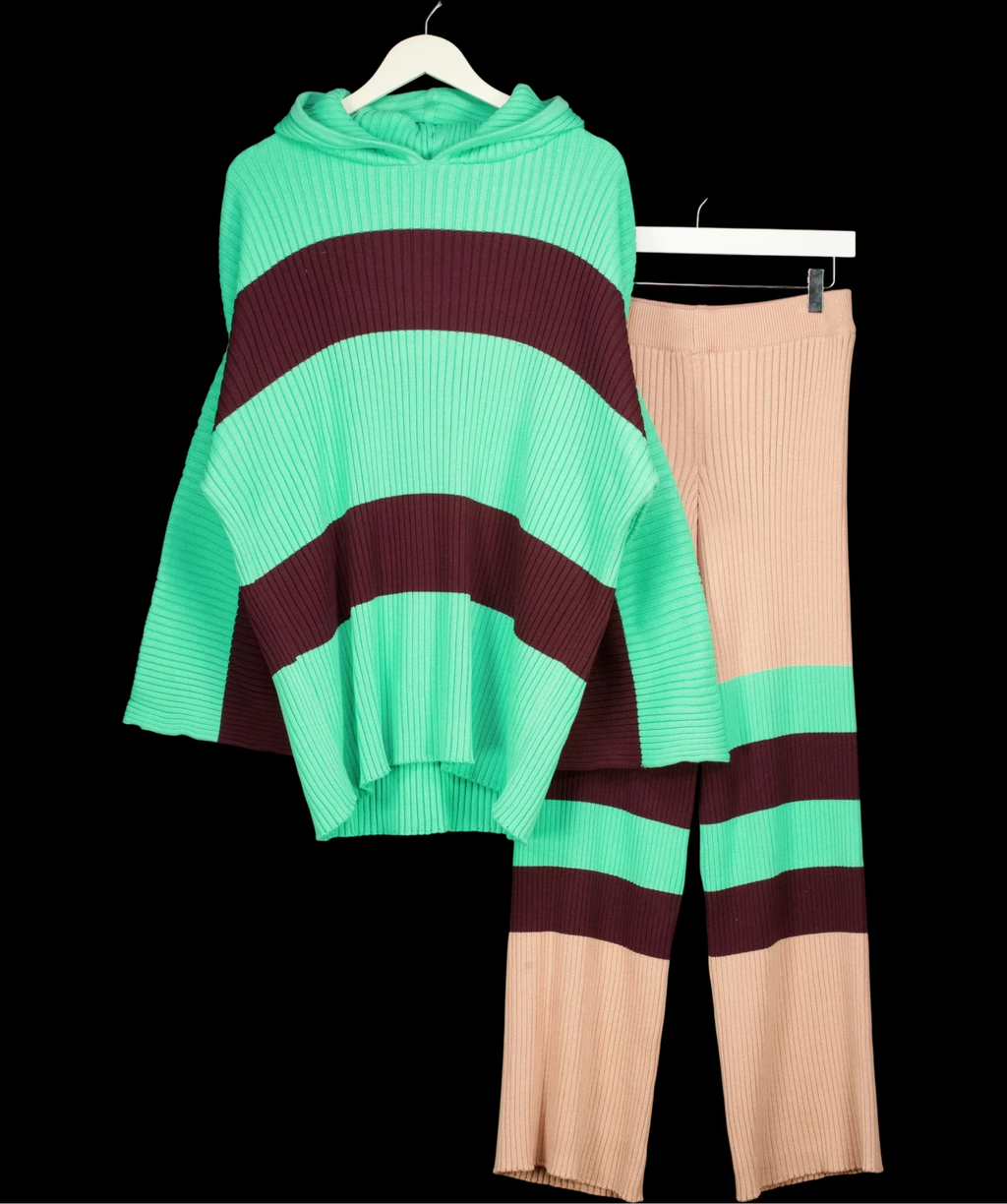 FP Beach Green Kami Striped Hooded Sweater Lounge Set Green/Beige, size UK M — fabric detail