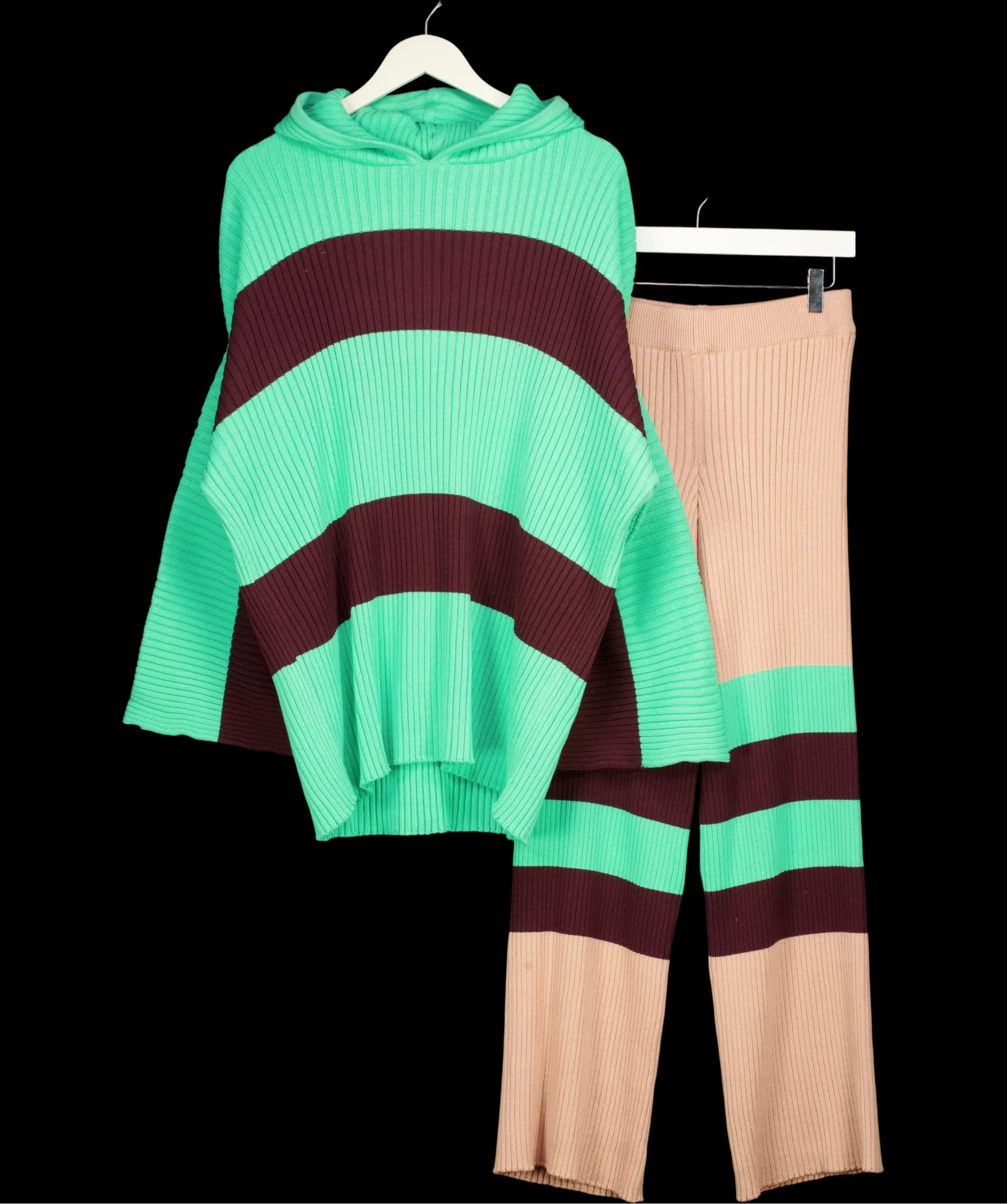 FP Beach Green Kami Striped Hooded Sweater Lounge Set Green/Beige, size UK M — fabric detail