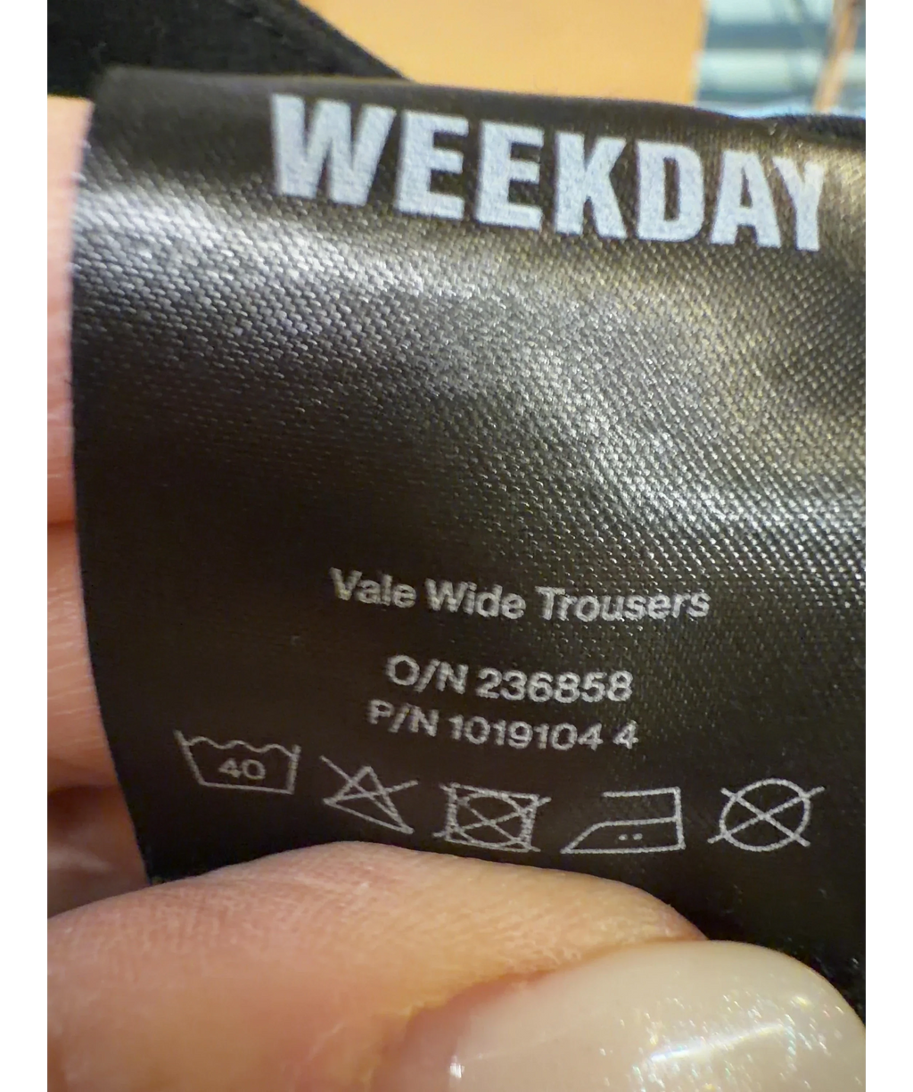 Weekday Black Vale Wide Trousers, size UK 8 — label