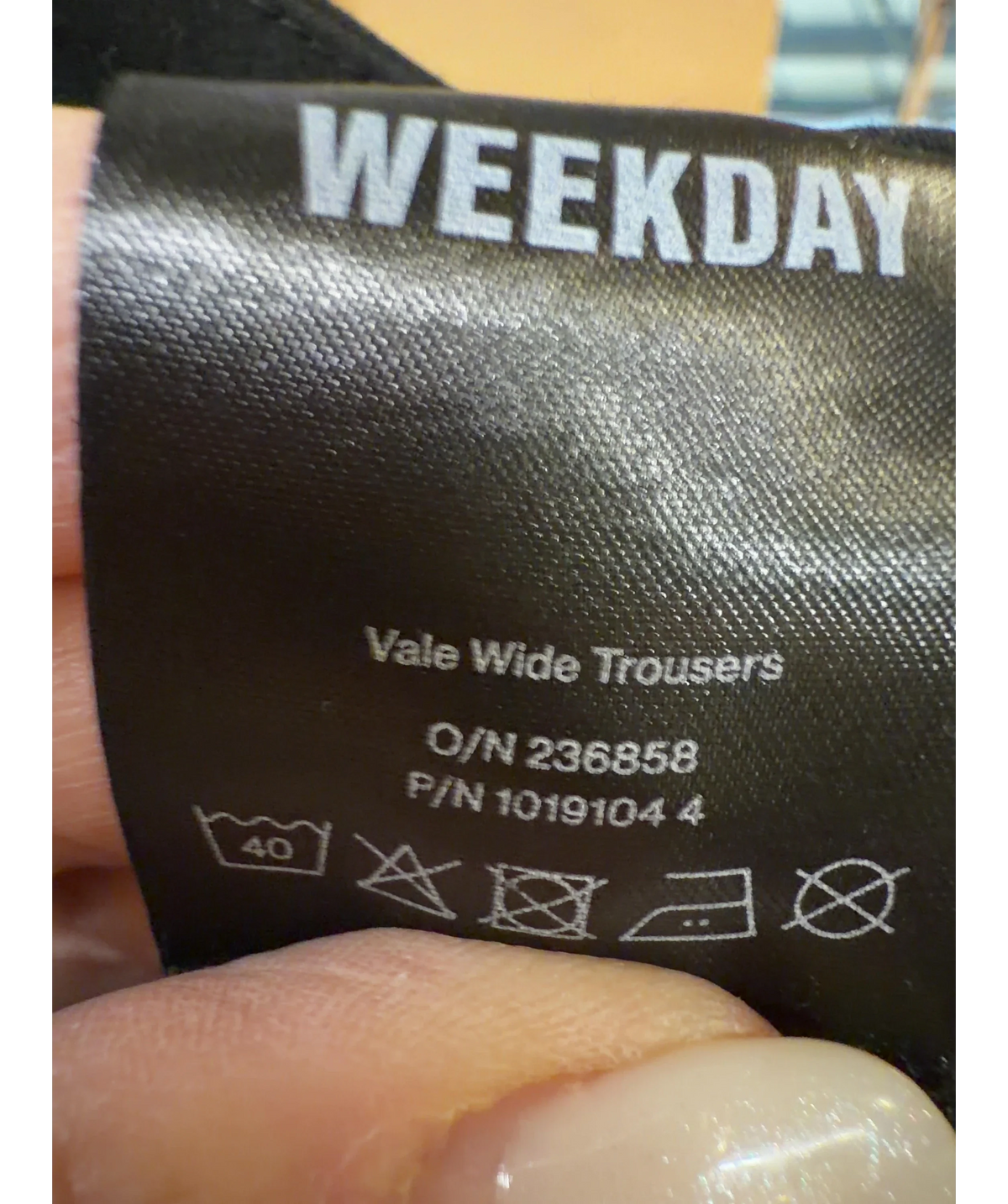 Weekday Black Vale Wide Trousers, size UK 8 — label