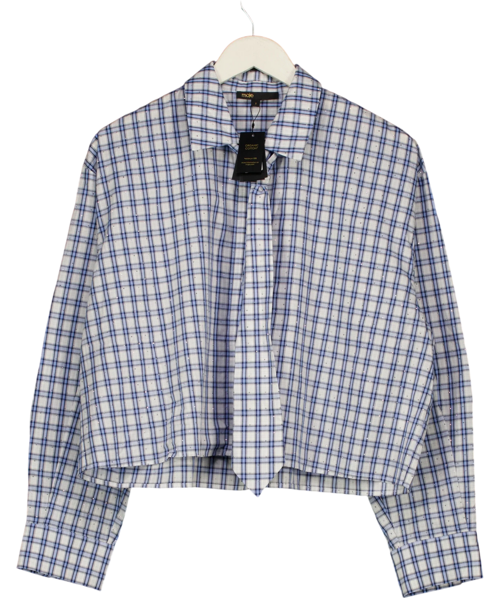 Maje Blue Rhinestone Shirt with Removable Tie, size UK 8 — front