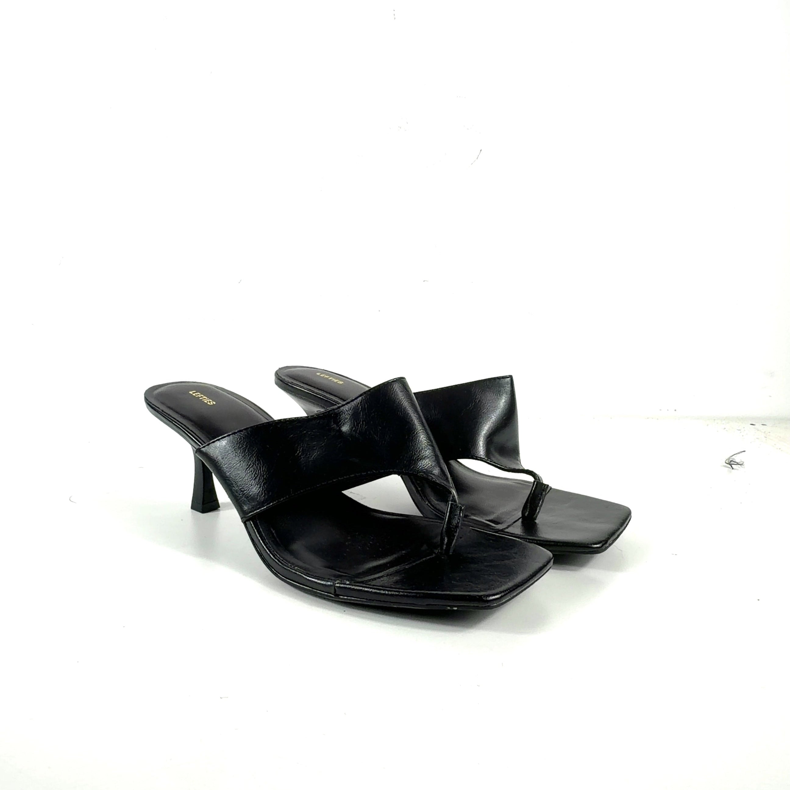 Lefties Black Black Square Toe Toe-Post Heeled Mule Sandals, size UK 6 EU 39 👠 — front