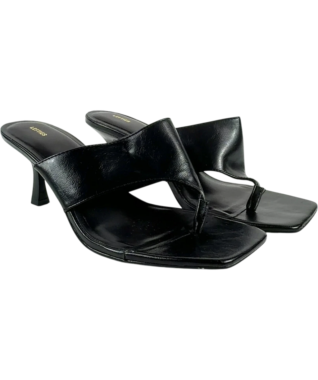 Lefties Black Square Toe Toe-post Heeled Mule Sandals UK 6 EU 39 — Front (angled)