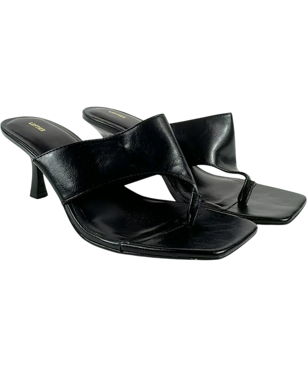 Lefties Black Square Toe Toe-post Heeled Mule Sandals UK 6 EU 39 — Front (angled)