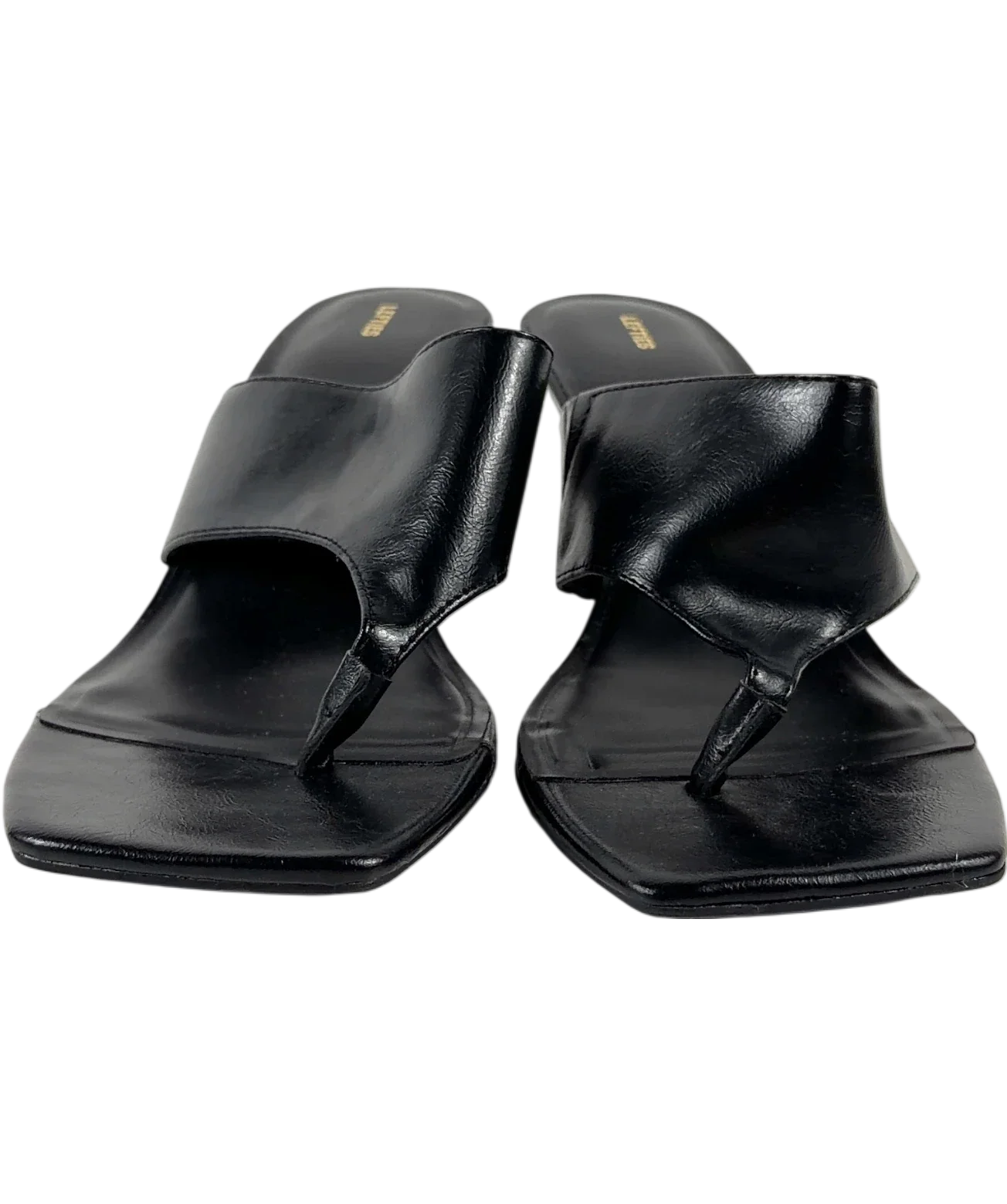 Lefties Black Black Square Toe Toe-Post Heeled Mule Sandals, size UK 6 EU 39 👠 — detail