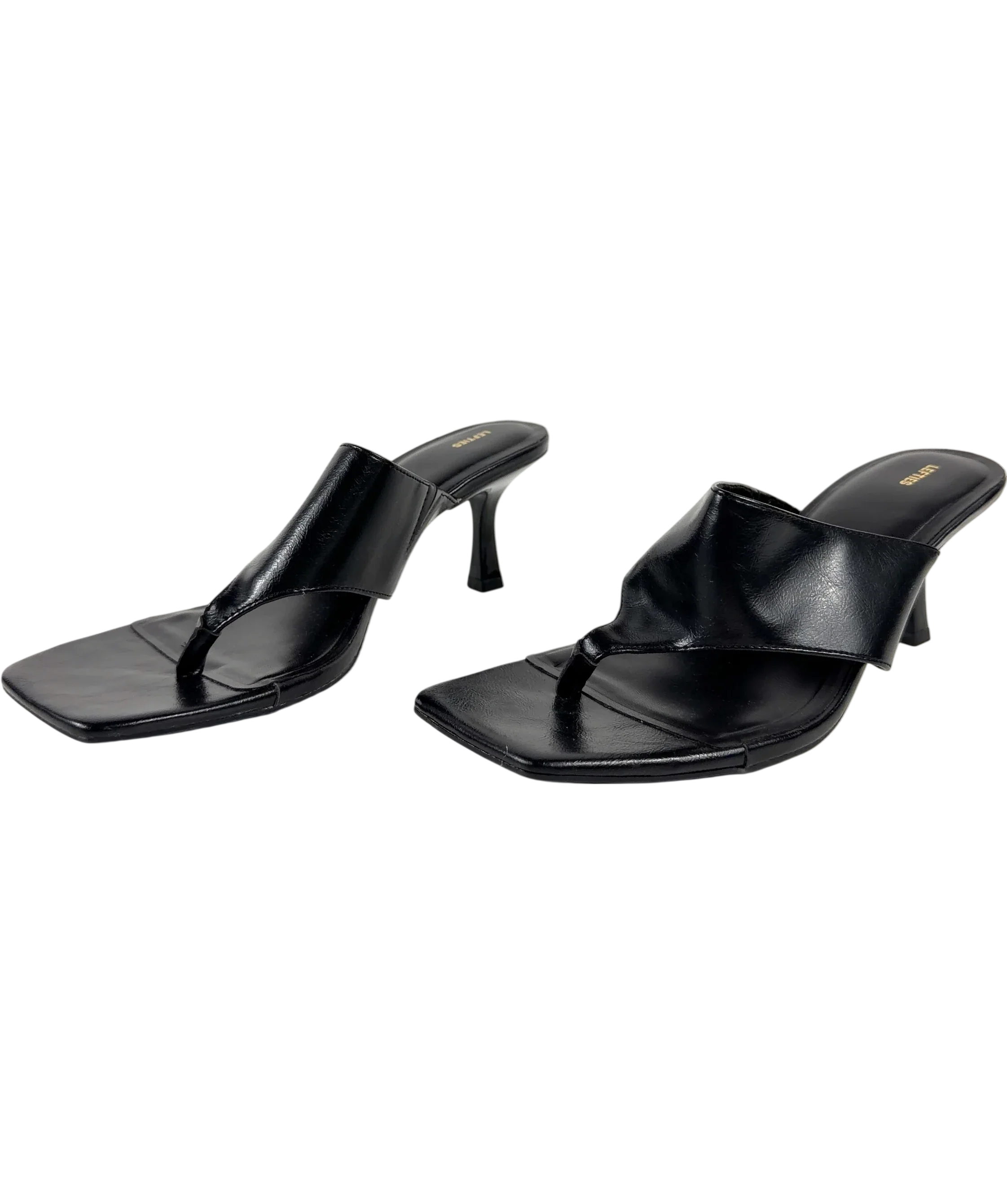 Lefties Black Black Square Toe Toe-Post Heeled Mule Sandals, size UK 6 EU 39 👠 — label