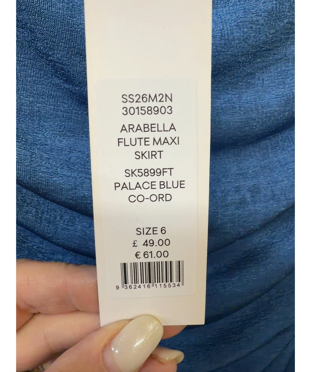 FOREVER NEW Blue Maia Asym One Shoulder Top & Arabella Flute Maxi Skirt, size UK 6 — fabric detail