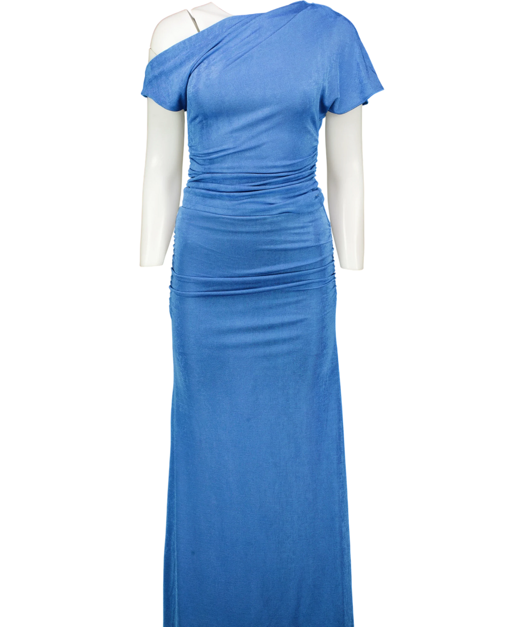 FOREVER NEW Blue Maia Asym One Shoulder Top & Arabella Flute Maxi Skirt, size UK 6 — front