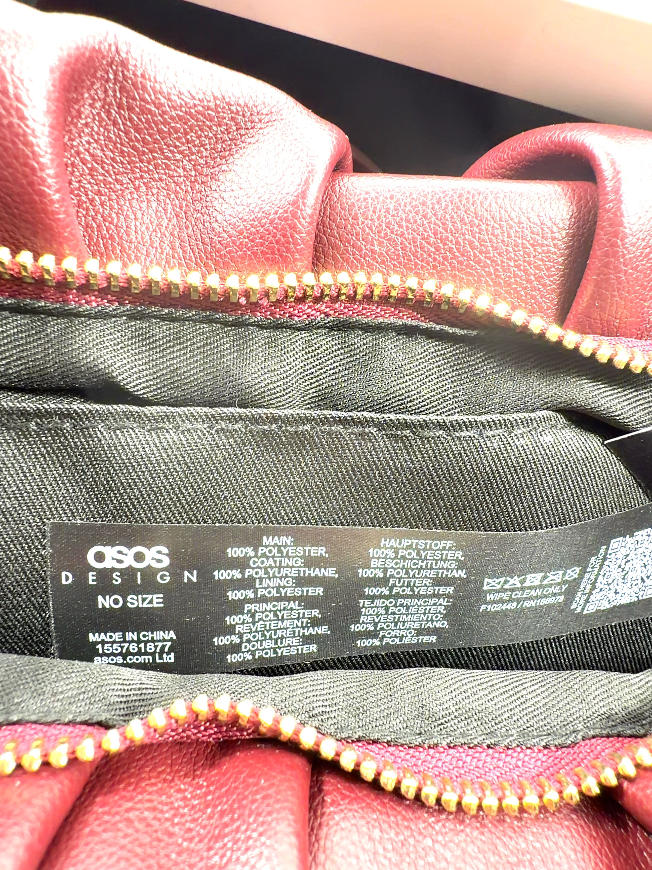 ASOS burgundy ruched shoulder bag, size No Size — label