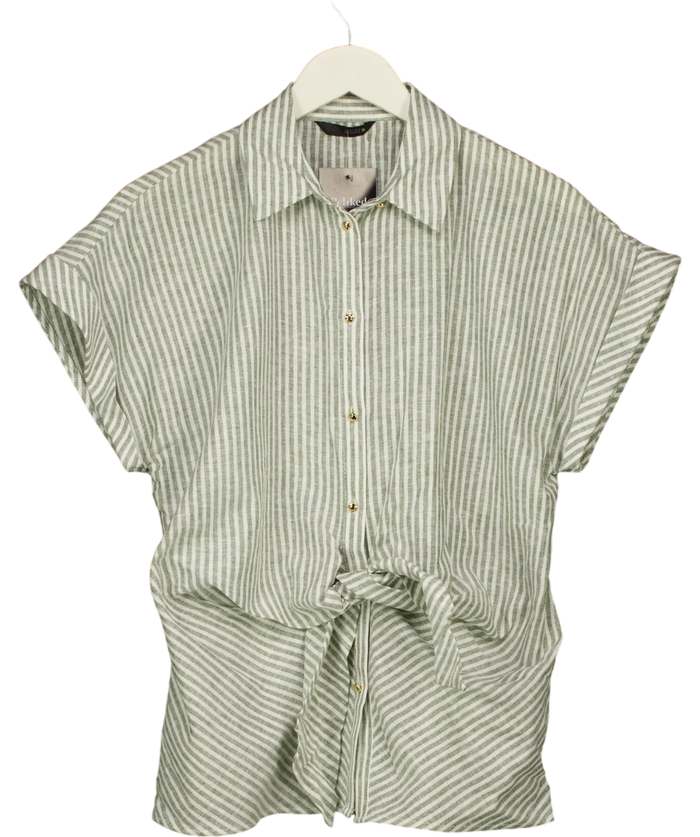 ZARA Green And White Striped Knot Linen-blend Shirt UK L