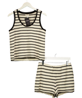 River Island Cream Black and Cream Striped Knit Tank Top and Shorts Co-ord Set, size UK M — front