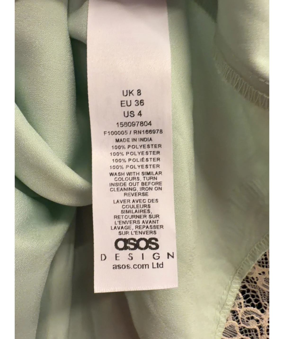 ASOS Green lace trim volume satin shorts, size UK 8 — label