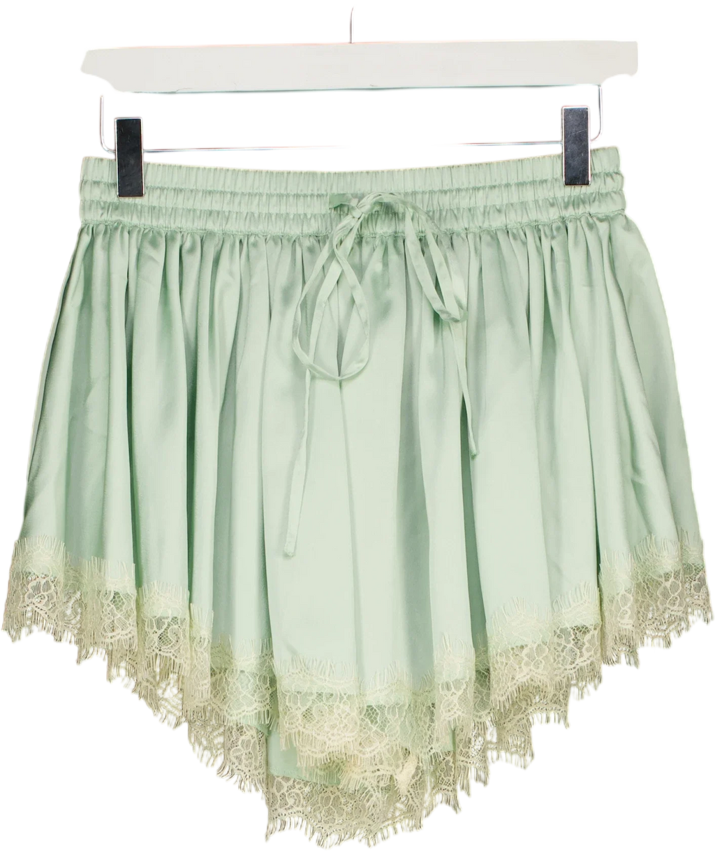 ASOS Green lace trim volume satin shorts, size UK 8 — front