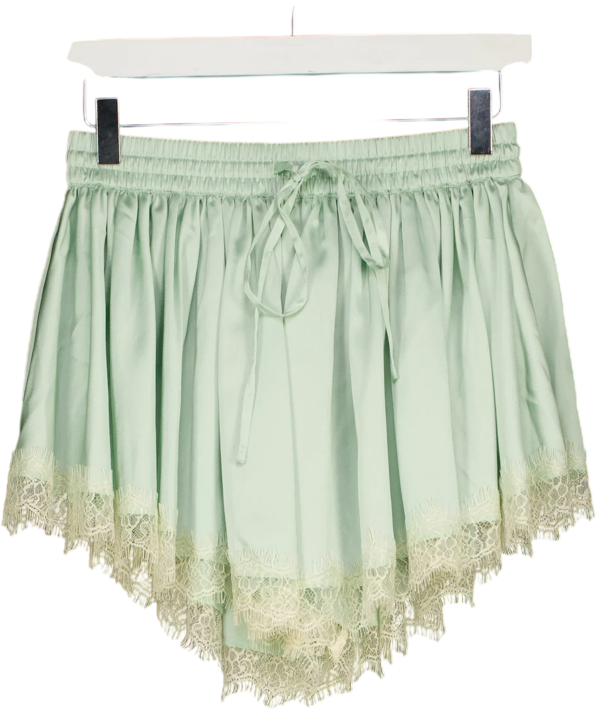 ASOS Green lace trim volume satin shorts, size UK 8 — front