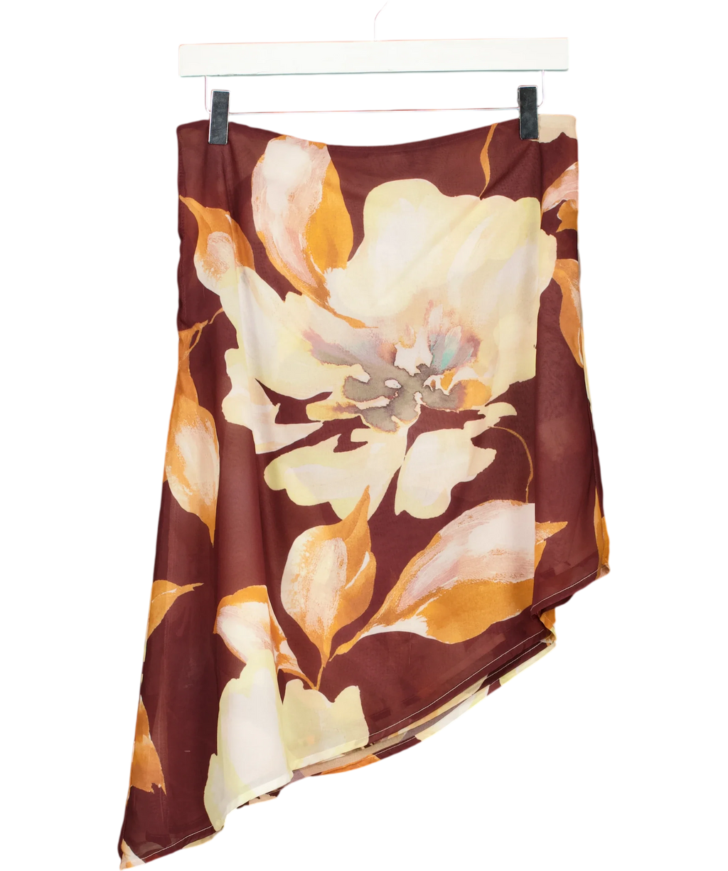 Peppermayo Brown floral asymmetrical midi skirt, size UK 8 — front
