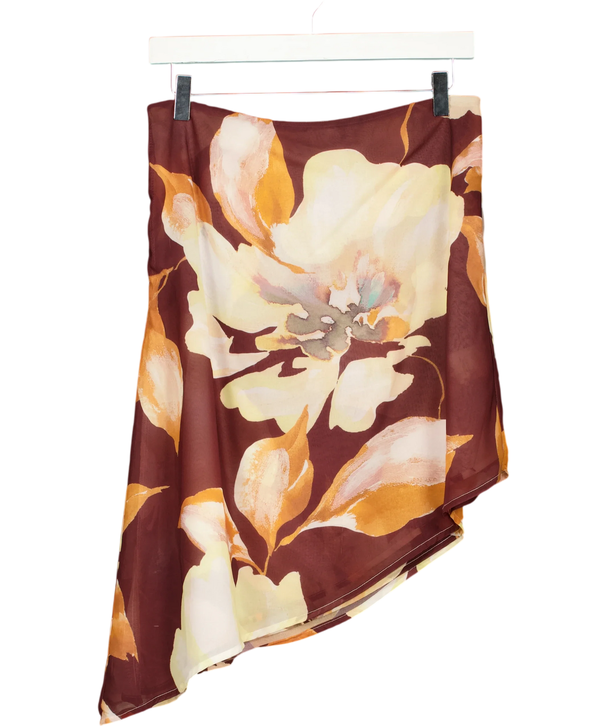 Peppermayo Brown floral asymmetrical midi skirt, size UK 8 — front