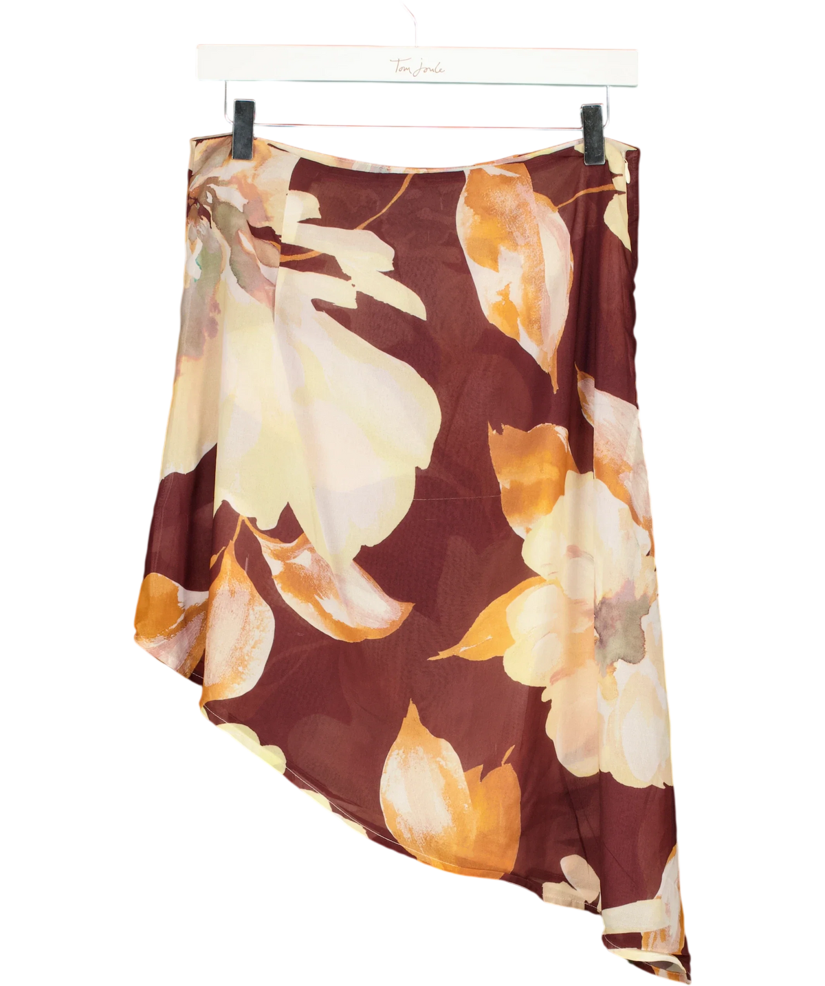 Peppermayo Brown floral asymmetrical midi skirt, size UK 8 — back