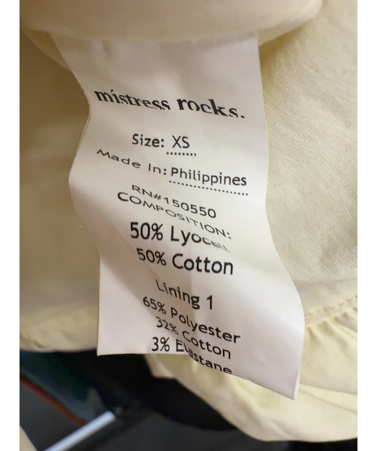 Mistress Rocks Cream Colour, size UK XS — label