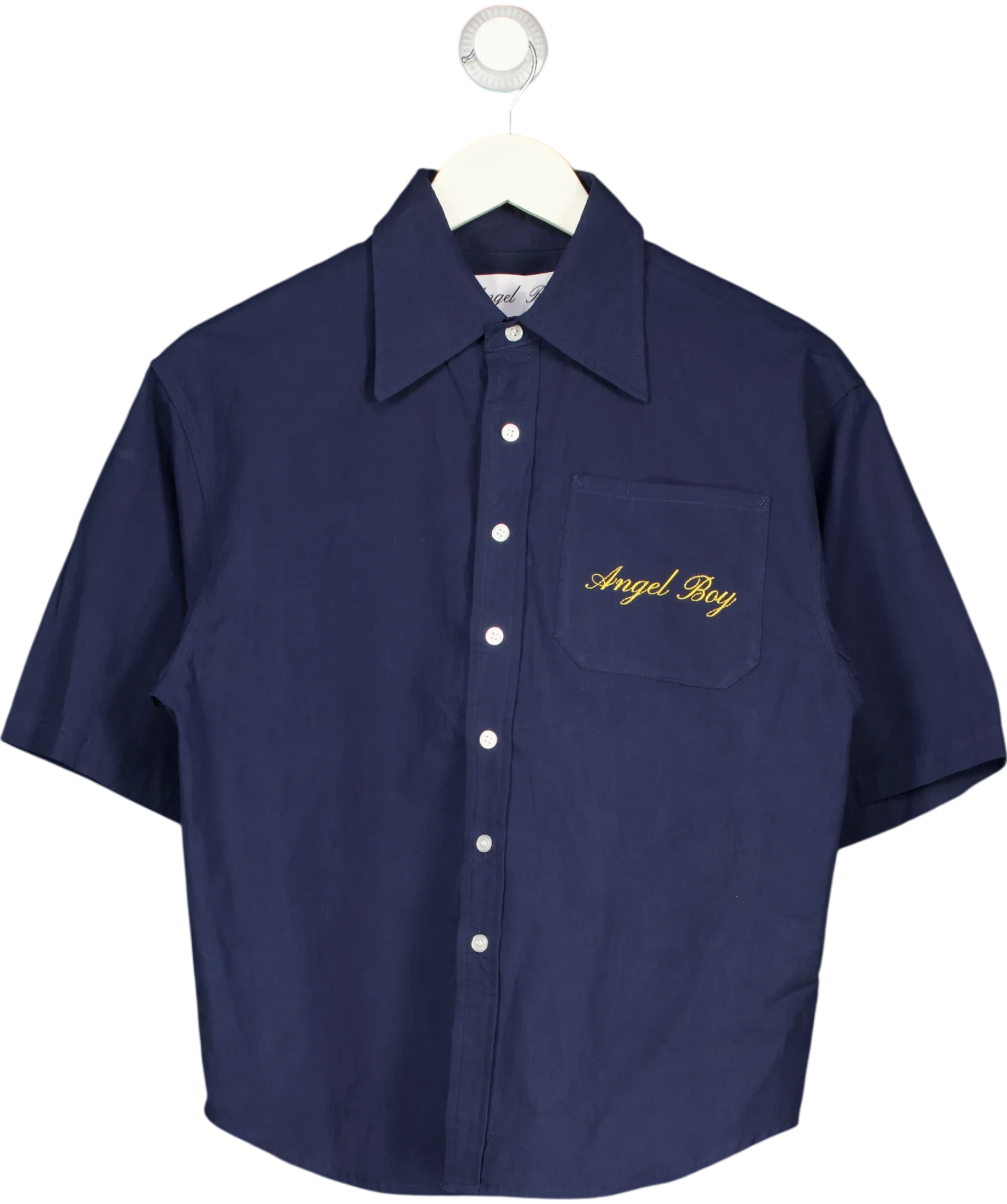 Angel Boy navy navy short sleeve button-up shirt, size UK XS — front