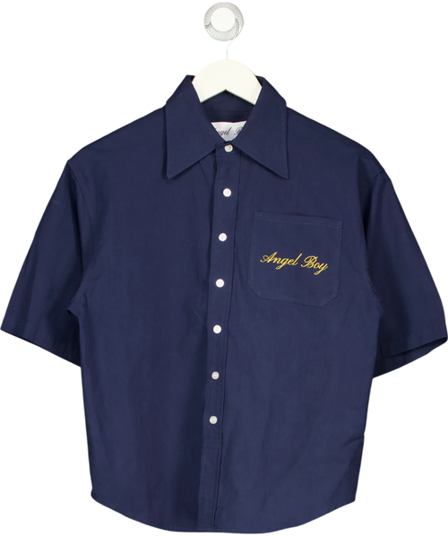Angel Boy navy navy short sleeve button-up shirt, size UK XS — front