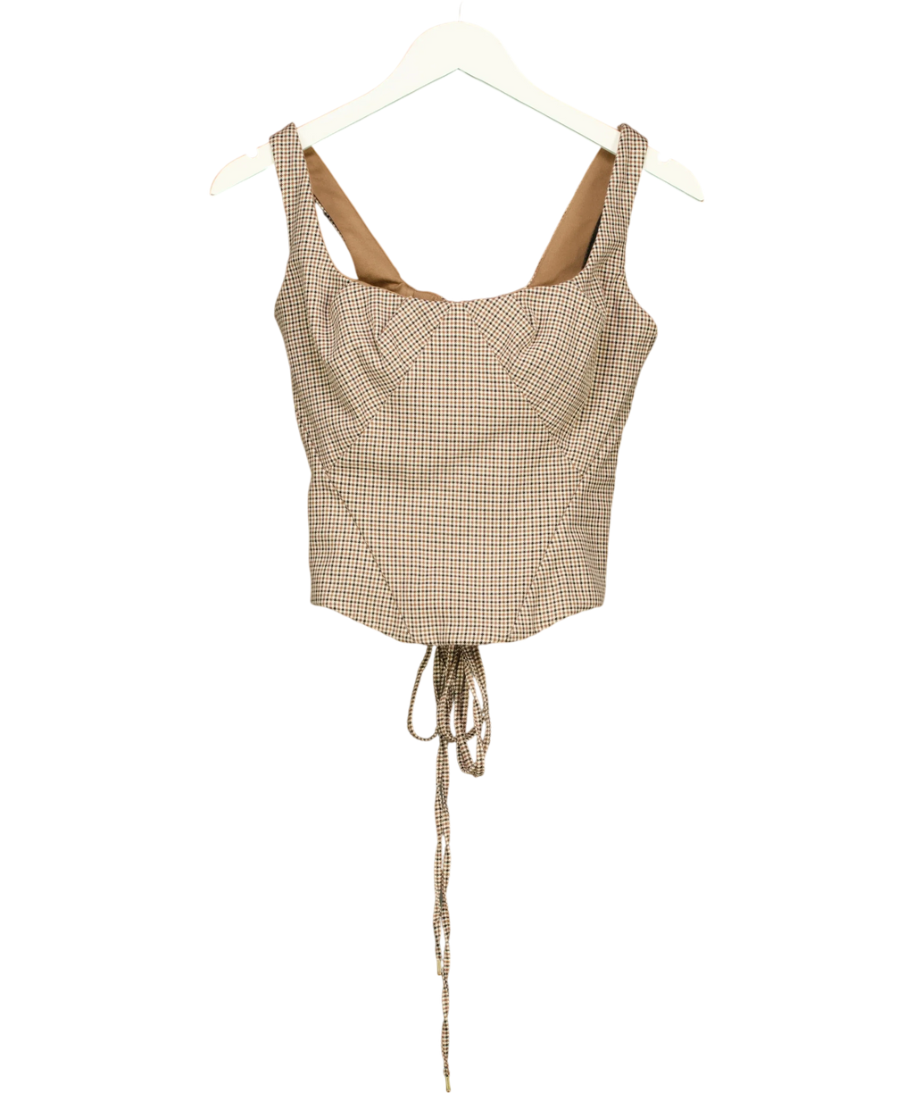 House of CB beige Selma Brown Puppytooth Boned Corset Top, size UK S — front