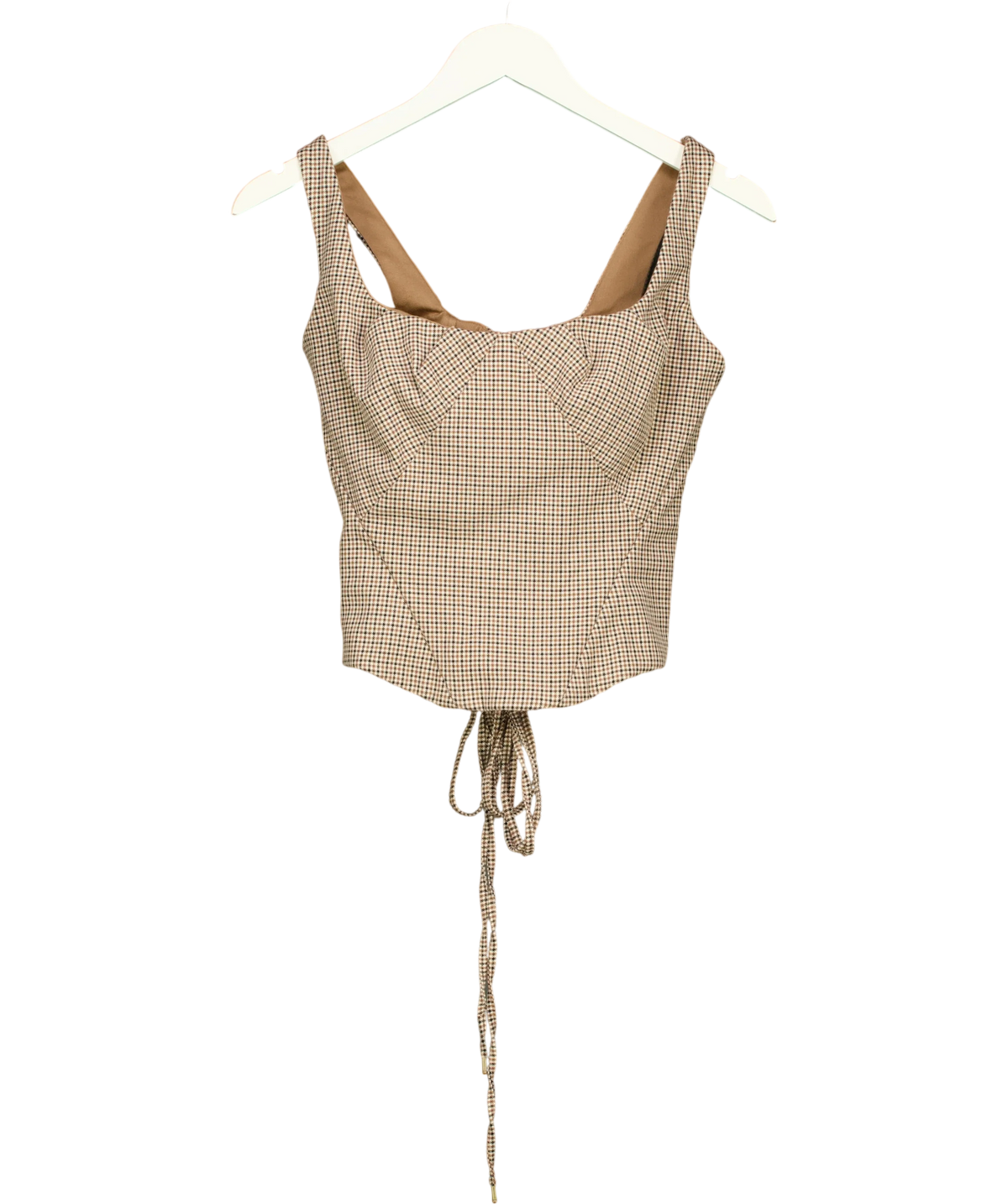House of CB beige Selma Brown Puppytooth Boned Corset Top, size UK S — front