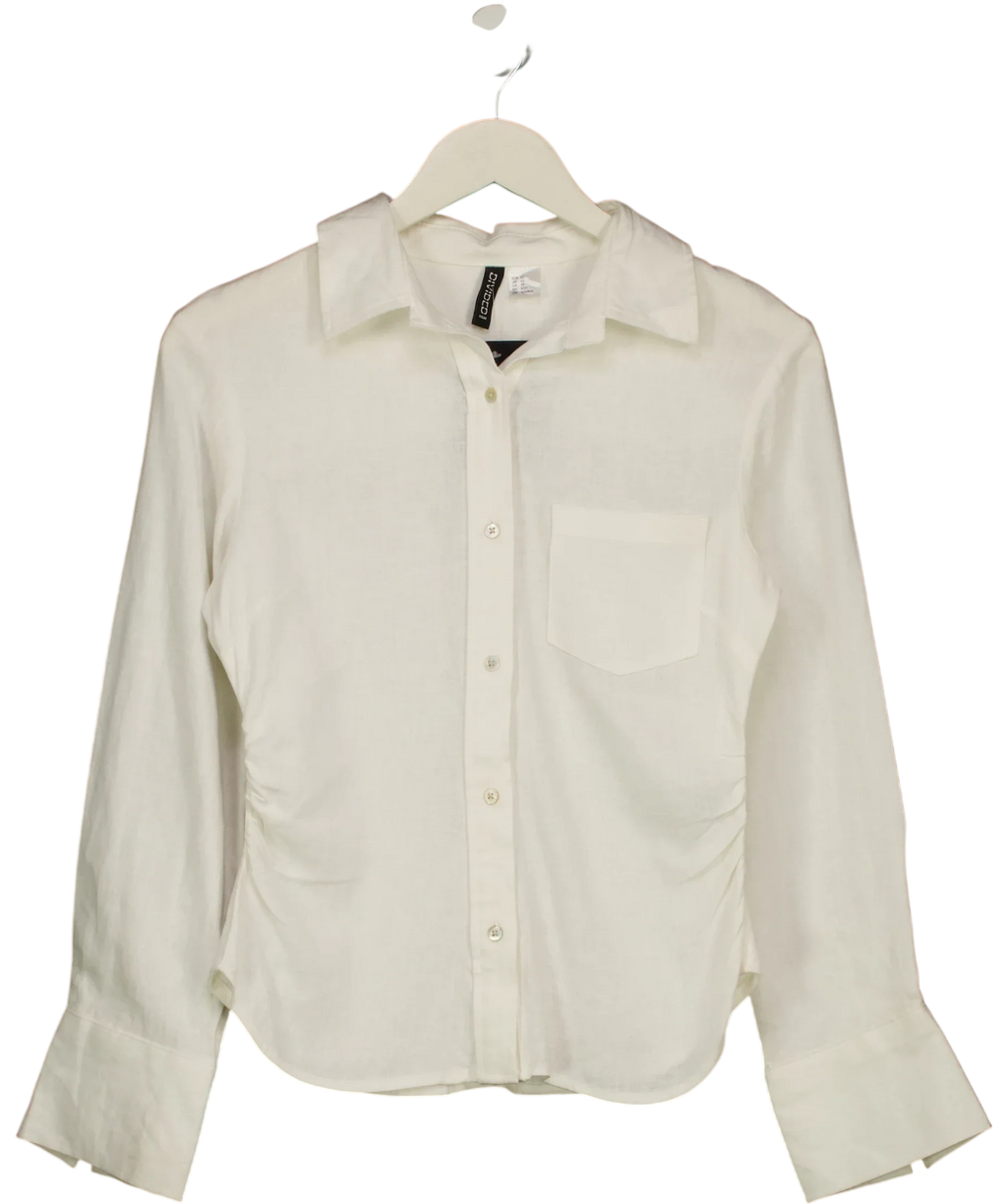 H&M White Gathered Linen-Blend Shirt, size UK XS — front