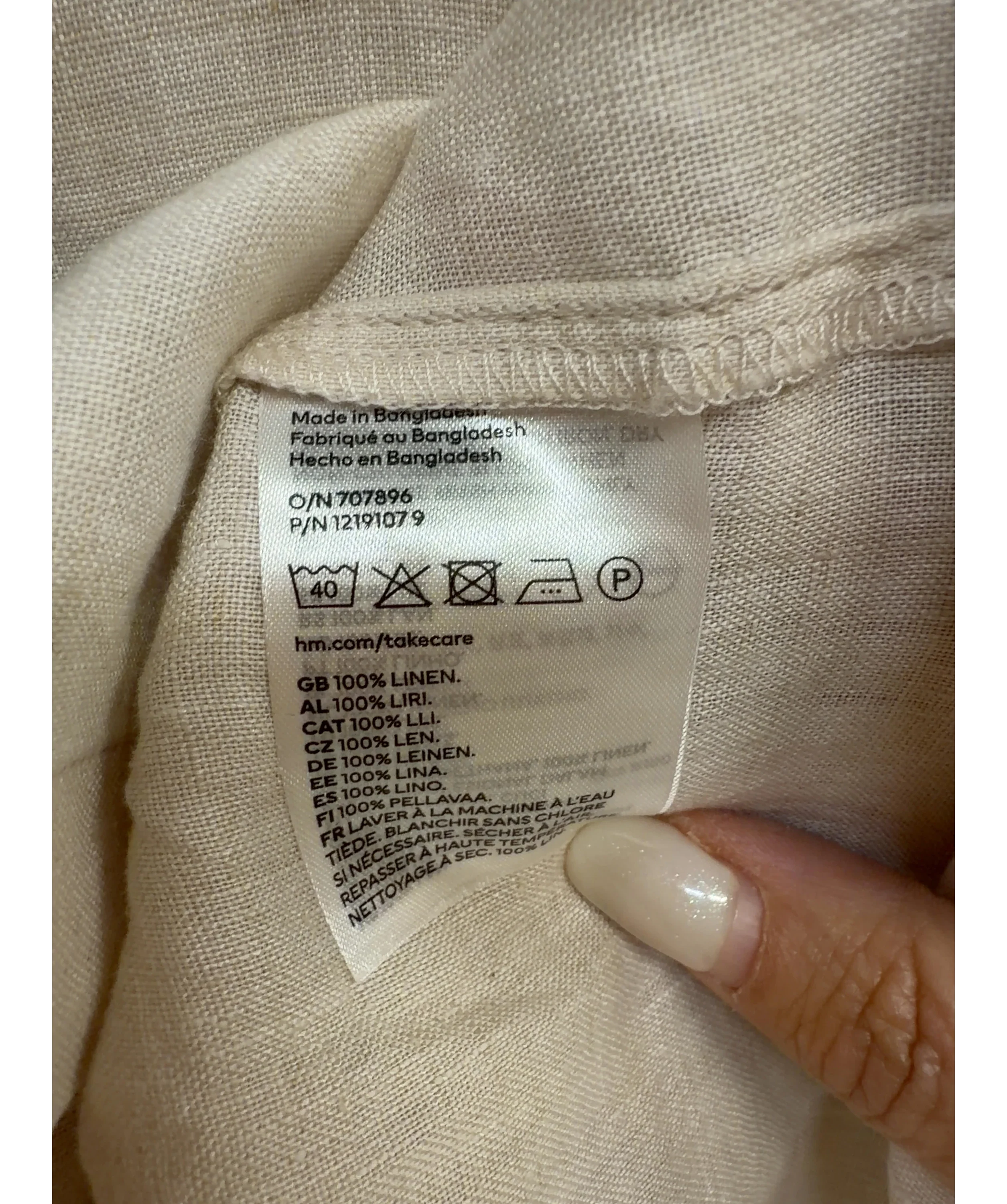 H&M Beige Long-Sleeve 100% Linen Shirt, size UK XS — label