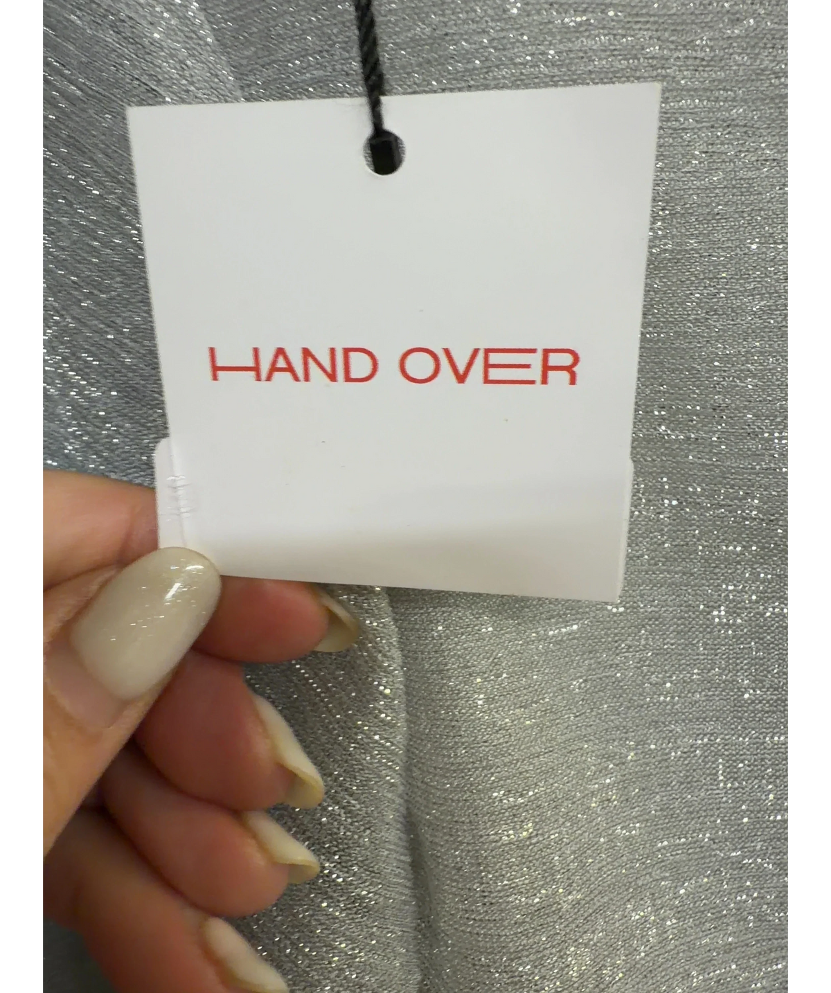 Hand Over silver metallic long-sleeve top, size UK S — detail