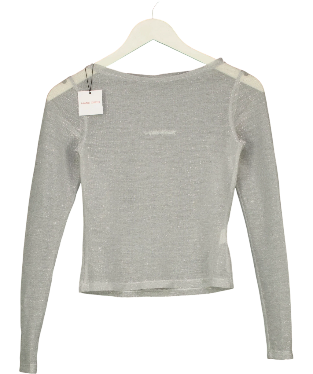 Hand Over silver metallic long-sleeve top, size UK S — front