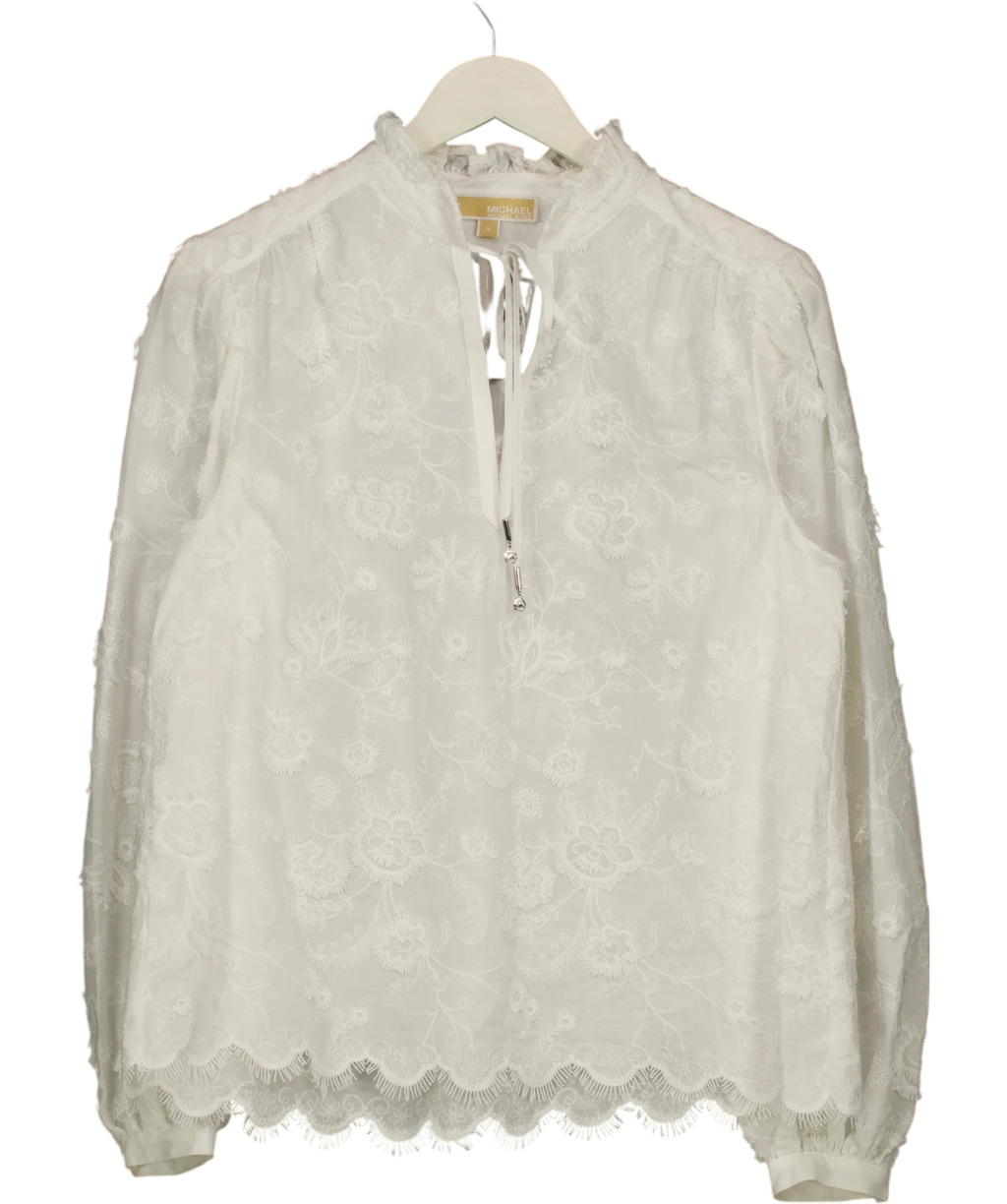 MICHAEL Michael Kors White White floral lace embroidered scalloped blouse, size UK M — front