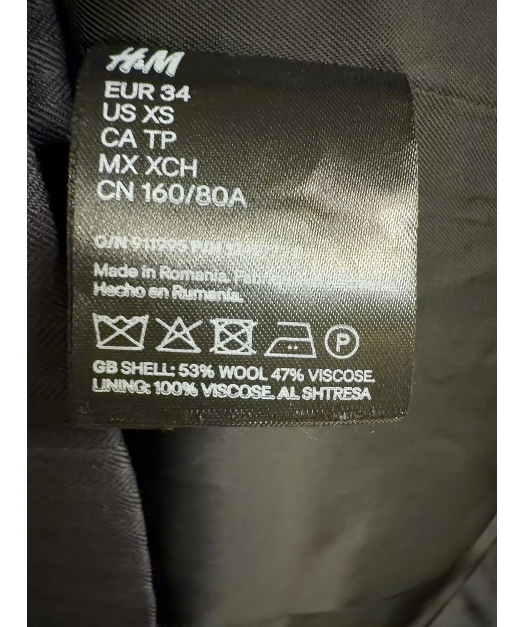 H&M Grey Studio grey pinstripe asymmetric wool-blend blazer, size UK 6 — label