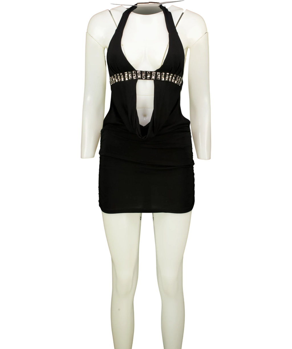 Jaded London Black Anora Cut-Out Mini Dress, size UK 8 — front