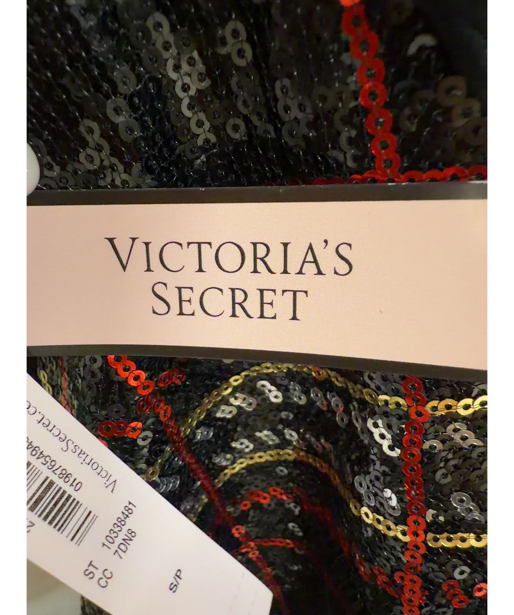 VICTORIA'S SECRET Black Sequin Tartan Short Slip Dress, size UK S — detail
